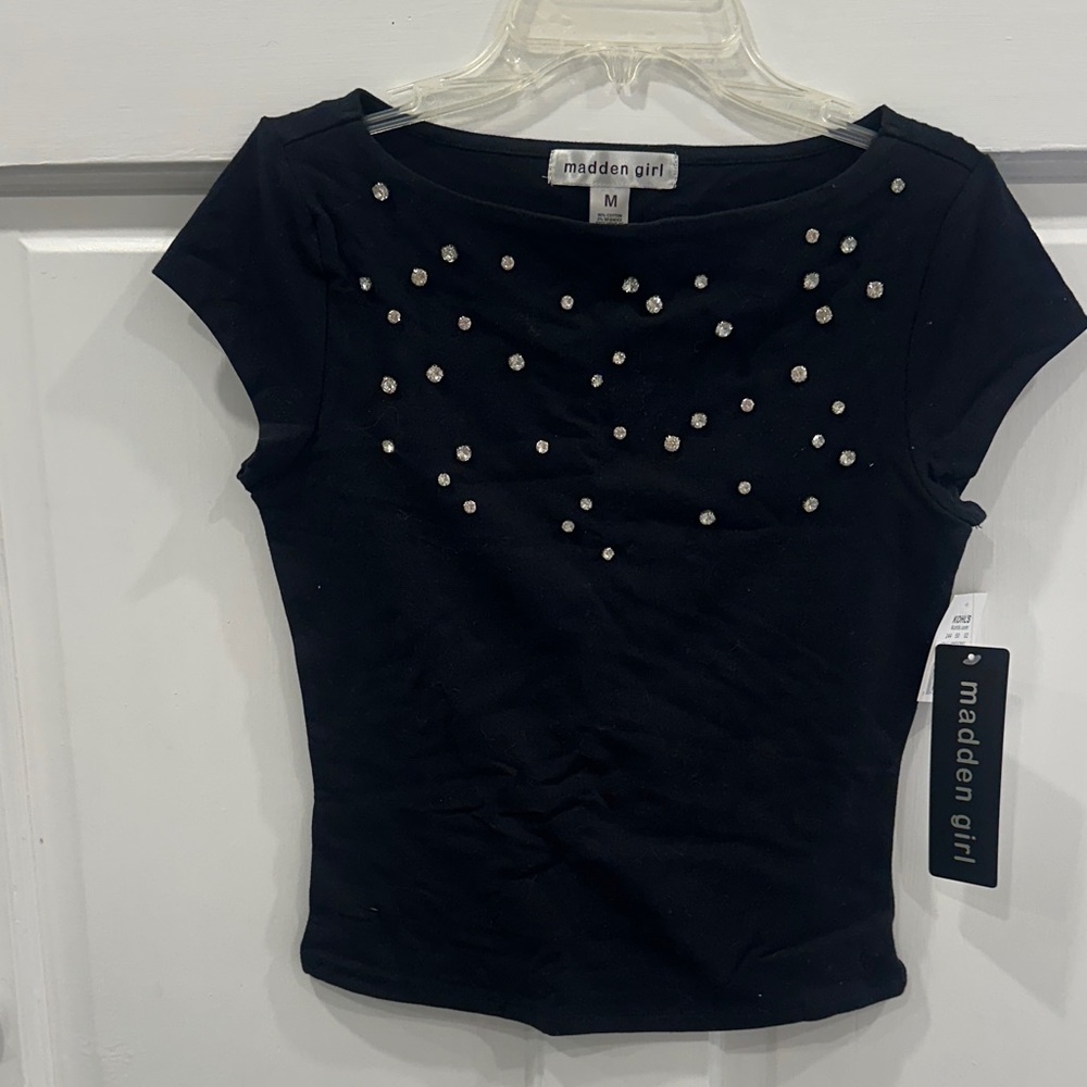 Madden Girl Black Rhinestone-Studded Blouse